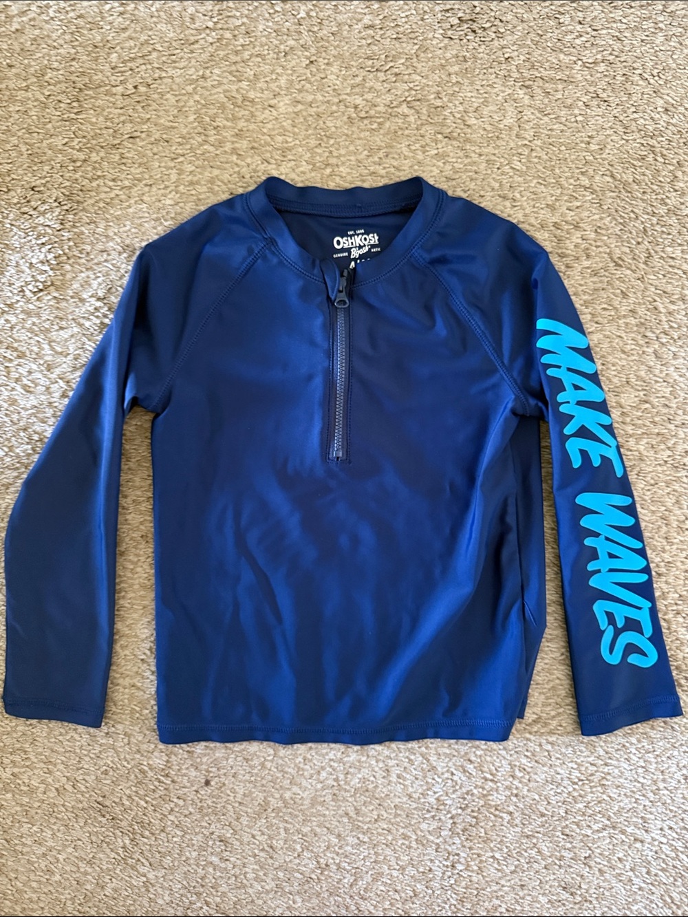 OshKosh B'gosh Navy Blue Rashguard with Teal 'Make Waves' Sleeve size 4